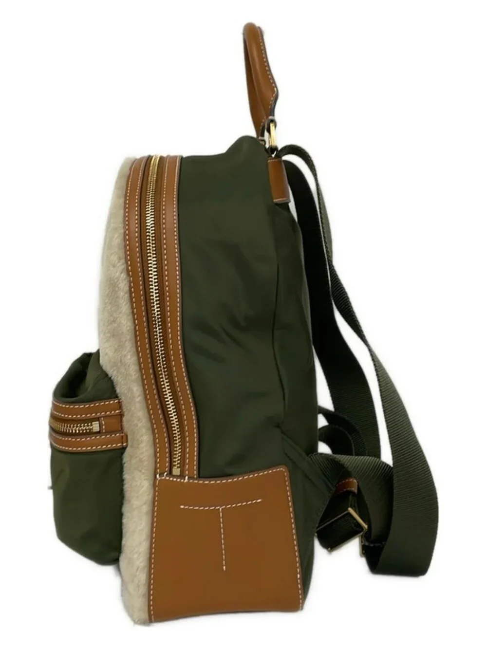 TORY BURCH Cream Brown Khaki Mouton Leather Nylon Backpack